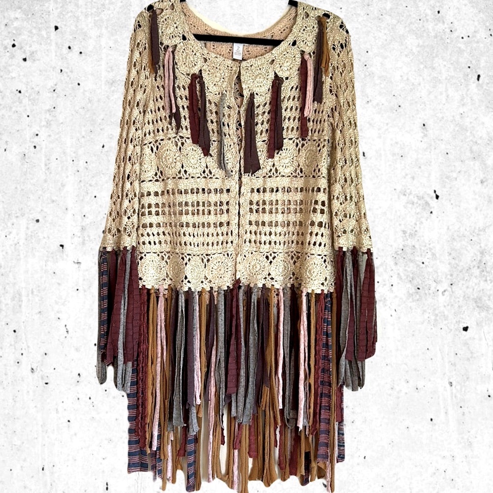 Upcycled Chico's fringed bohemian Gyspy crochet sweater cardigan